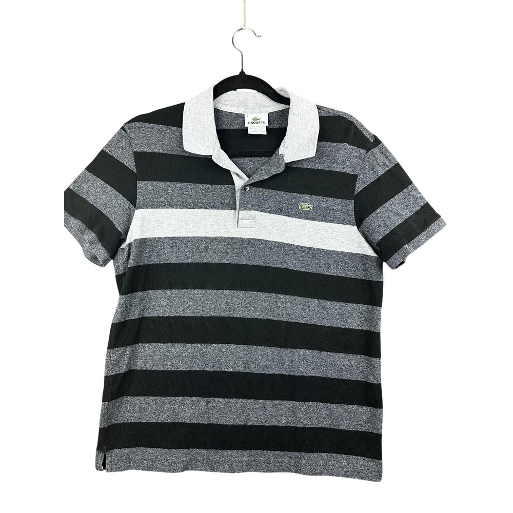 Lacoste Polo Shirt Mens M Black Striped Short Sleeve Cotton Classic Logo Peru
